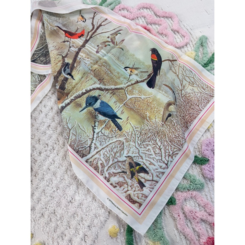 Vintage 1979 National Wildlife Federation Bird Scarf Winter Nature Print 21x21 - Picture 4 of 7